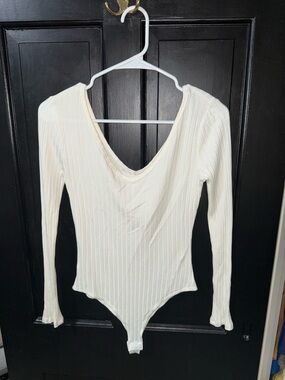 Altar'd State Cream Ribbed V-Neck Long Sleeve Bodysuit